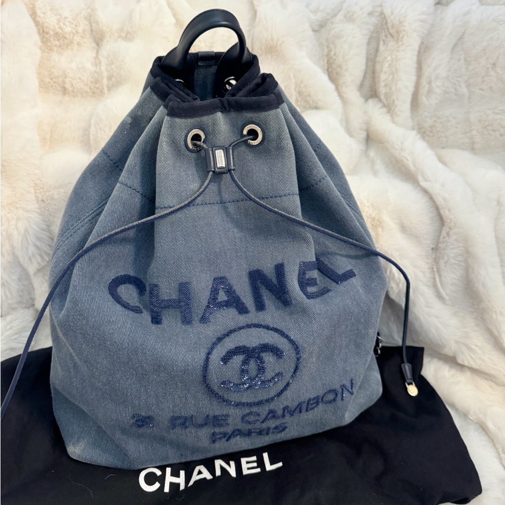 CHANEL Denim Sequin Drawstring Backpack